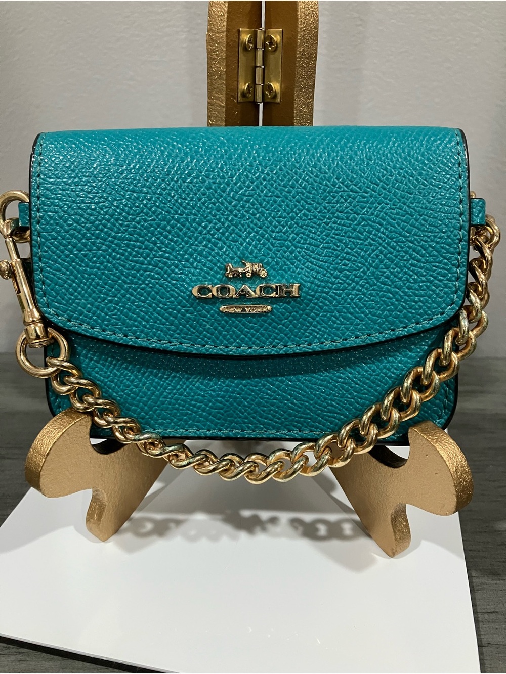 Coach Teal Pebbled Leather Mini Crossbody with Gold Chain